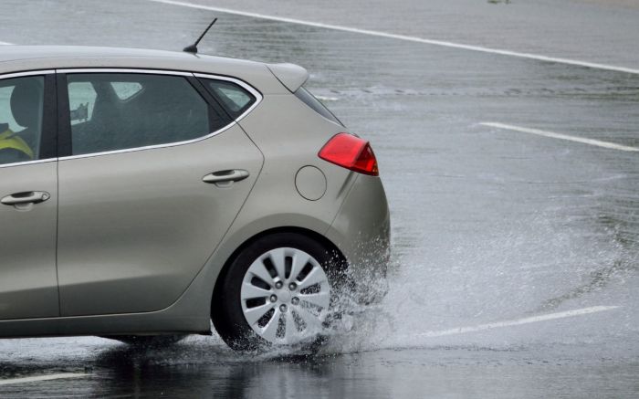 Vehicle hydroplaning  causing a potential car accident.